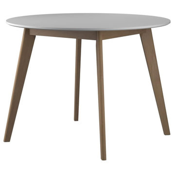 Elegant Dining Table, Tapered Legs With Round Top, Matte White and Natural Oak