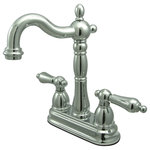 Kingston Brass - Kingston Brass 4" Centerset Bar Faucet, Polished Chrome - This double handle centerset bar faucet features an early American look that captures an aesthetic colonial style with its graceful curves and Victorian style spout. The faucet provides a two-hole sink application and a 1/4-turn on-and-off mechanism for controlling the flow of water. The item is fabricated in high-quality brass and is crafted to ensure years of reliable performance; also comes in a variety of finishes to allow you options when creating/improving your bar setting.