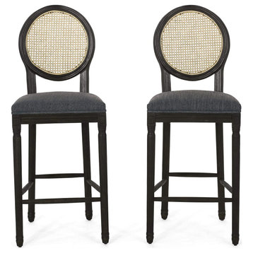 Set of 2 Bar Stool, Turned Rubberwood Legs and Round Wicker Back, Charcoal/Black