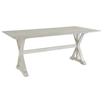 Traditional Dining Table, Trestle Base With Slatted Top, Antique White Finish