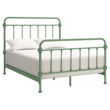 Solid Bed Frame, Spindle Accent Metal Construction, Meadow Green, Full