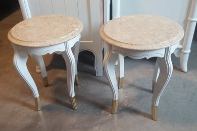 Pair of Victorian French Provincial Marble Top Tables - White w/Gold Tipped Legs