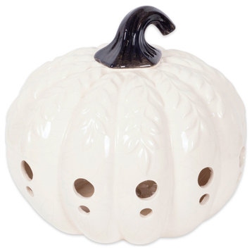 DII White Large Pumpkin With Leaves Lantern