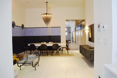 Kitchen/dining room combo - mid-sized eclectic light wood floor kitchen/dining room combo idea in New York with white walls and no fireplace