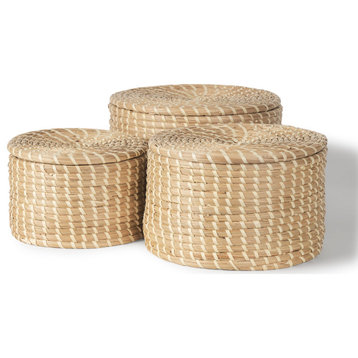 Kailini Set of 3 Nesting Seagrass and Palm Leaf Boxes With Lids