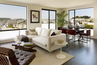 This is an example of a contemporary living room in San Francisco with white walls.