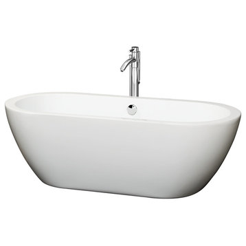 68" Freestanding Tub,White,Floor Mounted Faucet,Drain,Overflow,Polished Chrome