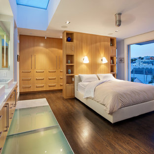 Foto di una grande camera matrimoniale design con pareti bianche, parquet scuro e nessun camino