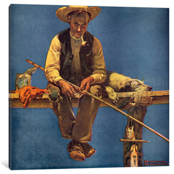 "Man on Dock Fishing" by Norman Rockwell, Canvas Print, 12x12"