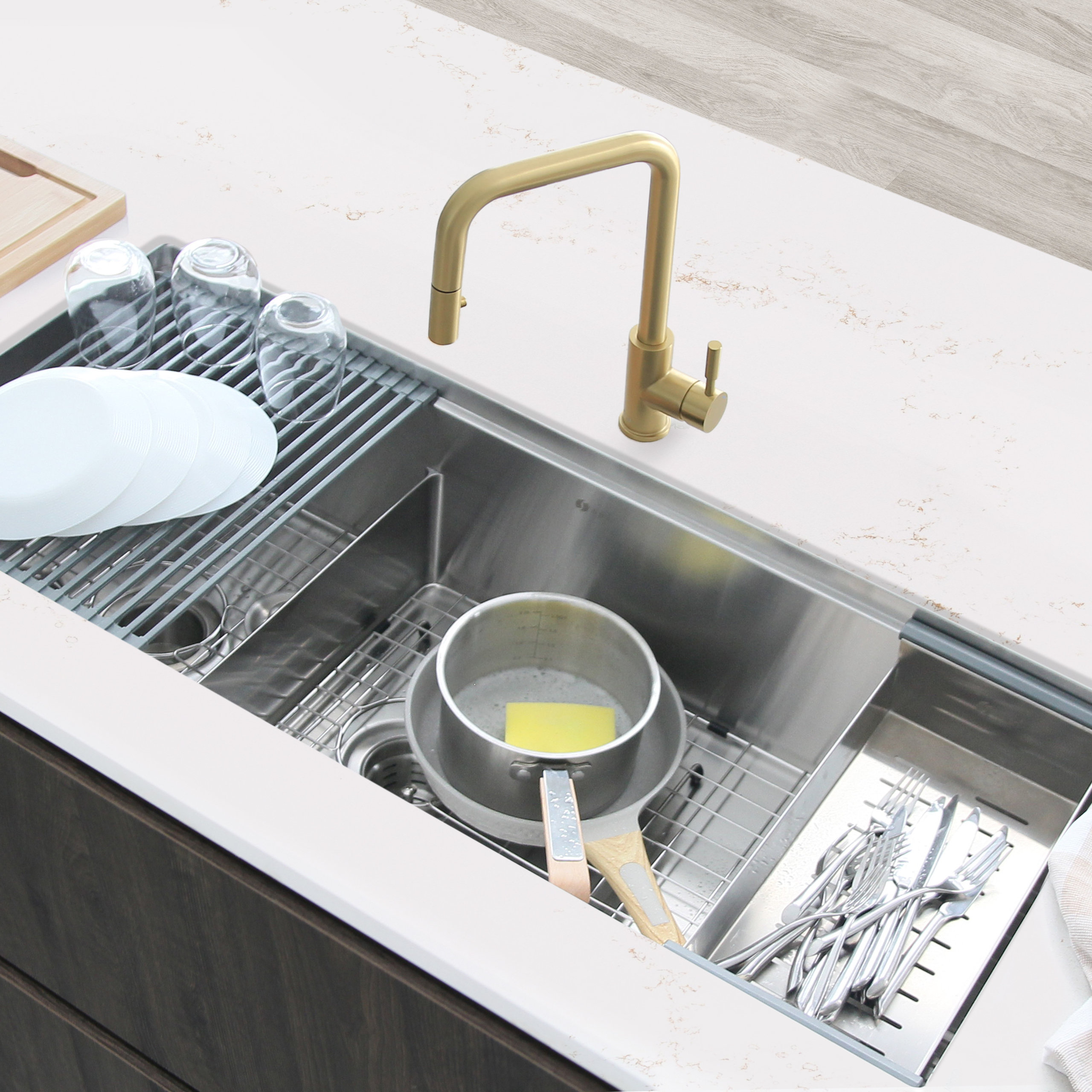 STYLISH 42"x19 W" Undermount 70/30 Double Bowl 16G Workstation Kitchen Sink