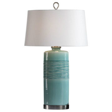 Distressed Aqua Turquoise Blue Green Table Lamp, Cylinder Stripes Ribbed