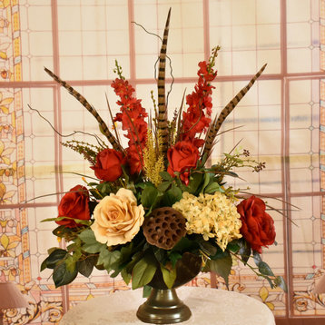 Red and Gold Silk Floral Design With Feathers