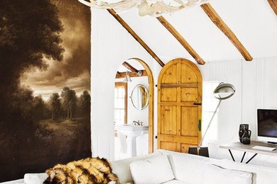 Mid-sized transitional open concept light wood floor and brown floor living room photo in New York with white walls