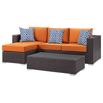 Lounge Sectional Sofa and Table Set, Rattan, Wicker, Dark Brown Orange, Outdoor