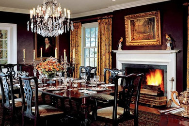 Large elegant dark wood floor and brown floor enclosed dining room photo in Chicago with brown walls and a standard fireplace