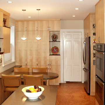 Kitchen rtenovation with flush maple cabinets, with craft display boxes