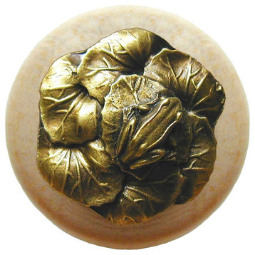 Leap-Frog Natural Wood Knob, Unfinished With Antique-Style Brass