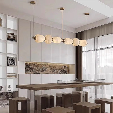 Contemporary Open-Plan Dining Lighting – Spanish Alabaster Linear Chandeliers