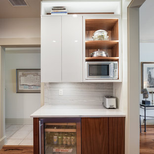 ジャクソンビルの中サイズの北欧スタイルのおしゃれなホームバー (アンダーカウンターシンク、フラットパネル扉のキャビネット、白いキャビネット、珪岩カウンター、マルチカラーのキッチンパネル、ライムストーンの床、無垢フローリング、マルチカラーの床、白いキッチンカウンター) の写真