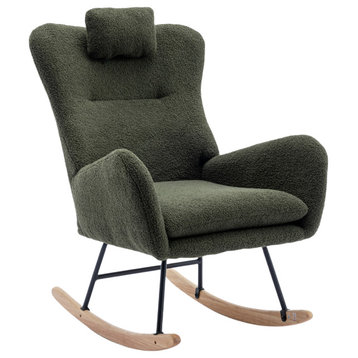 TATEUS 35.5" Rocking Chair, Soft Teddy Velvet Fabric Rocking Chair, Dark Green