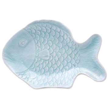 Novica Handmade Mae Ping Fish In Aqua Celadon Ceramic Serving Plate