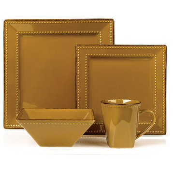 16 Piece Square Beaded Stoneware Dinnerware set by Lorren Home Trends, Mocca