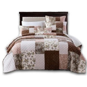 Bohemian Patchwork Dusty Rose Pink & Chocolate Brown Floral Bedspread Set, Twin