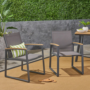 Aubrey Outdoor Aluminum Dining Chairs with Faux Wood Accents, Gray, Set of 2