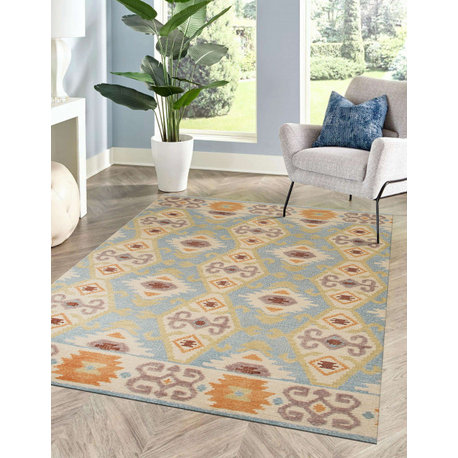 Hand Knotted Wool Light Blue Traditional Floral Piled Kilim Rug, 6' X 9'