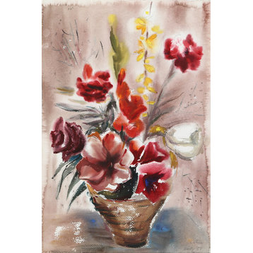 Eve Nethercott "Red Flowers in Basket, P1.7" Watercolor Painting