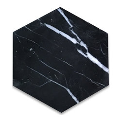 Stone Center Online - Nero Marquina Black Marble 6 inch Hexagon Tile Polished, 100 piece - Wall And Floor Tile