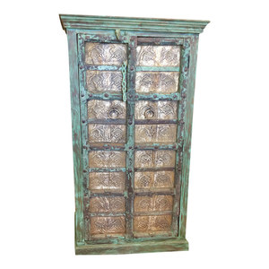 Mogul Interior - Consigned Antique Almirah Green Jaipuri Dancing Camel Carved Wardrobe Cabinet - Armoires And Wardrobes