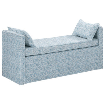 53" Blue And Black Upholstered Linen Floral Bench