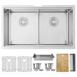 Stylish - 32 in Workstation Double Bowl Undermount Kitchen Sink with Built in Accessories - This kitchen sink workstation combines the best of both worlds: a stainless steel double bowl kitchen sink with a slim and low divider for convenient space usage, and a functional ledge sink with built-in accessories (colander, roll-up drying rack and cutting board) that slide on the integrated tracks of the sink to streamline meal prep and clean up without losing space on your countertop. This 16G stainless still workstation sink includes a stainless-steel COLANDER that you can use for straining, draining, sieving, and filtering tasks like straining fruits, vegetables and draining cooked pasta. This kitchen sink with CUTTING BOARD made of high-quality anti-microbial and BPA free bamboo will make it easy to chop any food, cut fruits and veggies over the sink. This ledge kitchen sink also contains a DRYING RACK convenient for drying or rinsing vegetables, fruits, dishware, knife, glasses and cups.
