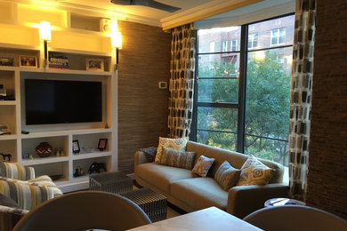 Example of a mid-sized beach style formal and open concept carpeted and beige floor living room design in New York with beige walls, no fireplace and a media wall