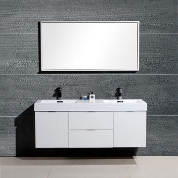 Kubebath Bliss 60" Double Sink High Gloss White Wall Mount Floating Modern Vanit