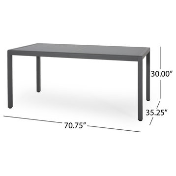 GDF Studio Coral Bay Outdoor Gray Aluminum Dining Table With Tempered Glass Top, Gun Metal Gray