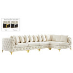 Meridian Furniture - Tremblay Modular Sectional, Cream, L-Shaped, 5-Piece: Armless (3), Corner (2) - Lean back and relax on this Tremblay sectional. Featuring soft cream velvet upholstery with deep button tufting, this sectional adds a bold touch to any living space. A complete set of gold and chrome legs are included, so you can change it up to suit your home decor. This sectional is modular, so you can create infinite configurations with it, which are easily attached using the latch underneath the frame. Its contemporary design is perfect for the modern home.