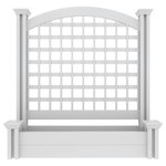 Enclo Privacy Screens - Belmont Freestanding Lattice Screen With Planter Box 45 1/2"H x 42"W x 14 7/8"L - Become the envy of your neighborhood with the Belmont Freestanding Lattice Screen w/ Planter Box!  Functionality meets sophistication as you add a touch of charm to any outdoor space with our elegant freestanding lattice fence screen and attached planter box.  Perfect for both residential and commercial uses, this white, vinyl lattice privacy screen with planter box is freestanding which means no digging for you!  Each box contains one lattice screen (45 1/2” H x 42” W) and planter box (7 1/4” H x 42” W x 14 7/8” L) that assemble in approximately 45 minutes.  The complete assembled unit measures 45 ½” in height by 42” in width by 14 7/8” in length and is topped by an ornate arched top rail for added beauty.  Multiple units can be purchased to create a picturesque enclosure for your deck, patio, or other outdoor space. This unit is designed to be freestanding but if you are installing it in a high wind environment, we recommend surface mounting your unit with the included L bracket. Further instructions on how to surface mount your unit can be found in the installation guide. Made with maintenance-free and weather resistant PVC, a simple spray down with a garden hose will keep your privacy screen and attached planter box looking brand new.