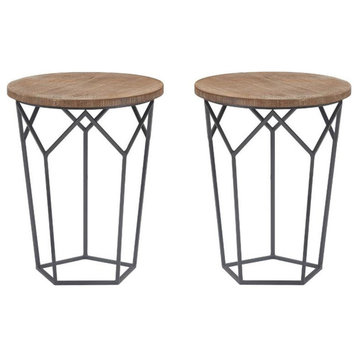 Home Square Round Solid Wood and Metal Side Table in Black - Set of 2