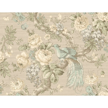 Elegant Perched Bird Wallpaper in Teal and Neutral TX40608 from Wallquest