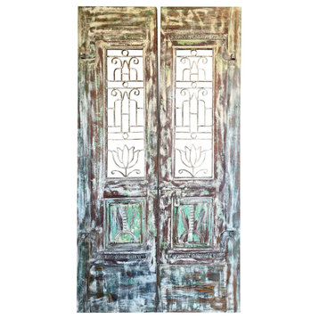 Consigned Sliding doors, Antique Indian Doors, Pair of Lotus Jali Latticed Doors