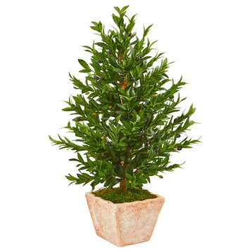 35" Olive Cone Topiary Artificial Tree in Terra Cotta Planter, Indoor/Outdoor