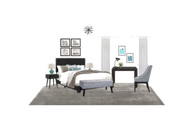 Inspiration for a transitional master carpeted and gray floor bedroom remodel in Charlotte with white walls