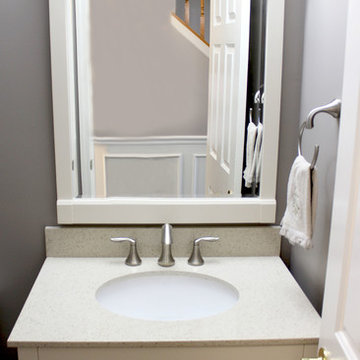 Gray Powder Room with White Vanity and Crystal Palace Quartz Countertop