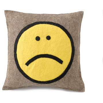 Hand Felted Wool Happy Sad Face Pillow, 20"