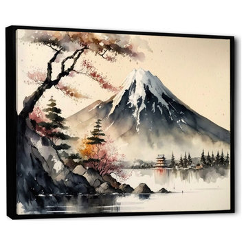 Japanese Landscape In Watercolor II Framed Canvas, 20x12, Black