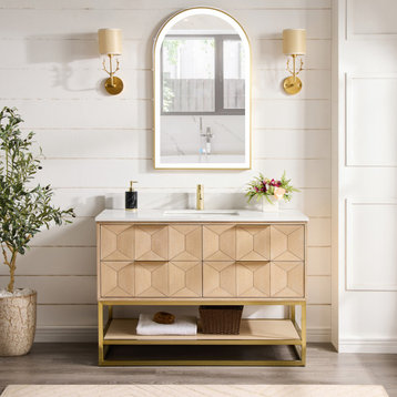 Milagro Bath Vanity With Top, Ash Grey, Brushed Gold Base, 48", With Mirror