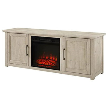 Rustic TV Stand, Electric Fireplace & Framed Doors With Metal Pulls, Frosted Oak