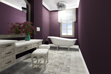 Example of a mid-sized transitional master gray tile and terra-cotta tile terra-cotta tile freestanding bathtub design in Other with a vessel sink, furniture-like cabinets, light wood cabinets, a wall-mount toilet and purple walls